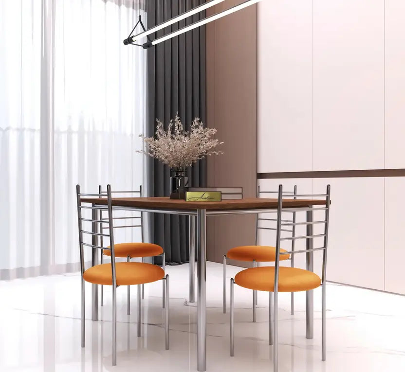 Indoor & Outdoor Dining Room and Living Room Set Metal 4 Seater Dining Set (Finish Color -Silver Finish And Orange Upholstery, DIY(Do-It-Yourself))