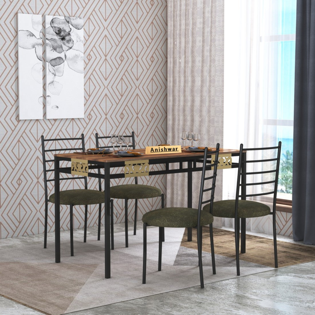 Anishwar Cera 4 Seater Dining Set ( Green Fabric )