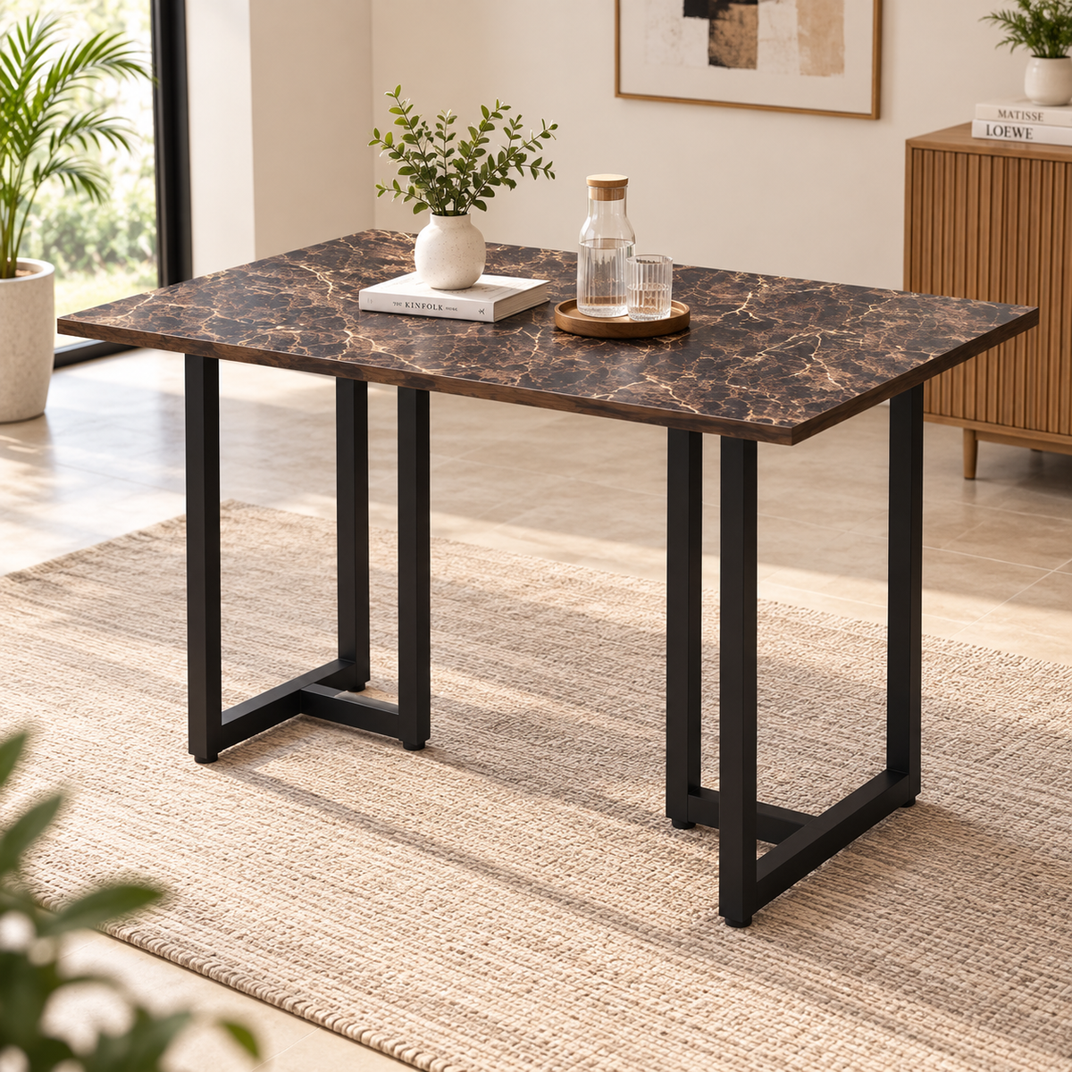 ANISHWAR 4 Seater Dining Table Set with 4 Cushioned Chairs | 48 × 30 × 30 Inch Dining Table | Premium MDF Marble Finish Top | Strong Metal Frame