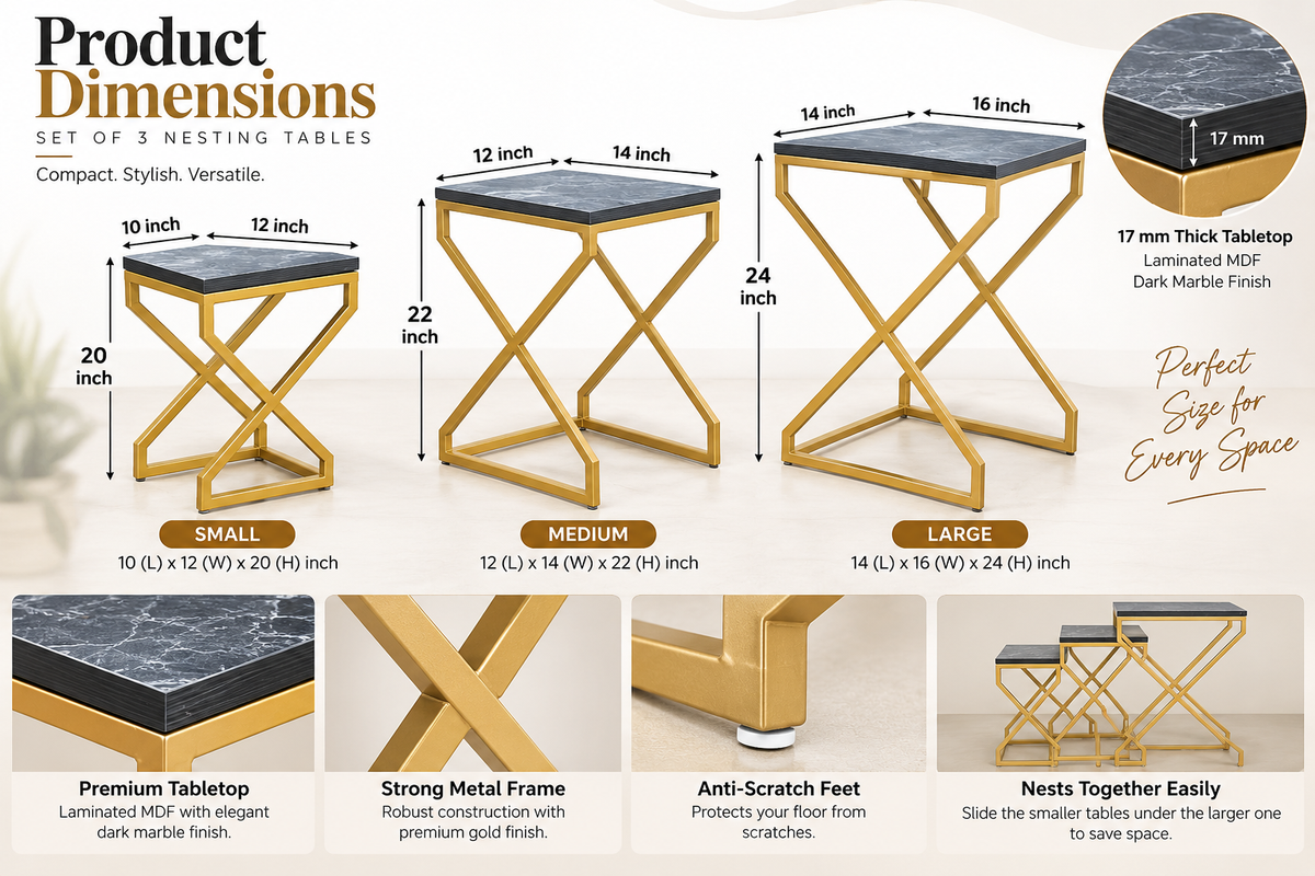 ANISHWAR X-Design Nesting Side Tables Set of 3 | Small, Medium & Large | Dark Marble Finish Laminated MDF Top | Gold Metal Frame | Modern Accent Tables for Living Room & Bedroom | Pre-Assembled