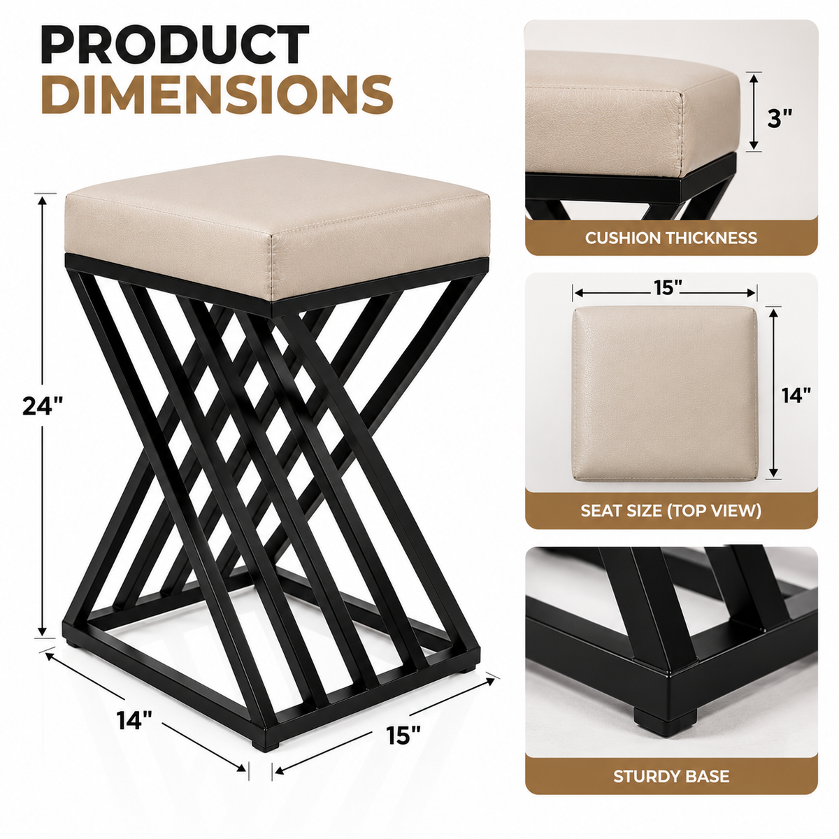 ANISHWAR X-Design Accent Stool | 24 Inch Black Metal Frame with Cushioned Seat | Modern Ottoman Stool for Living Room, Bedroom & Dressing Area