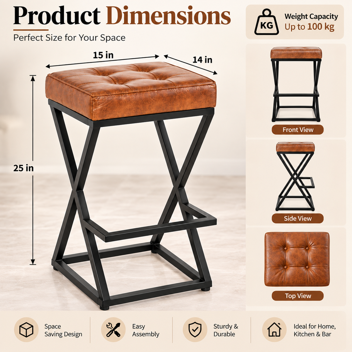 ANISHWAR 25 Inch Cushioned Metal Stool | Brown Tufted Seat with Black Metal Frame | Heavy Duty Stool for Kitchen, Home & Bar | Pre-Assembled