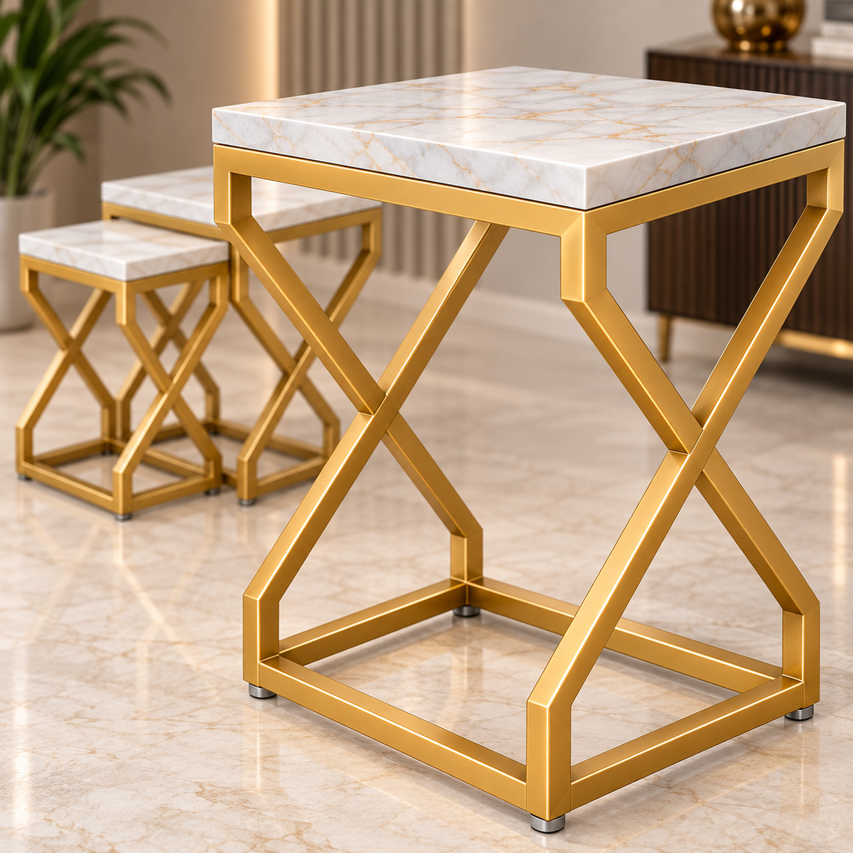 ANISHWAR X-Design Nesting Side Tables Set of 3 | Small, Medium & Large | Marble Finish Top with Gold Metal Frame | Modern Accent Tables for Living Room, Bedroom & Sofa