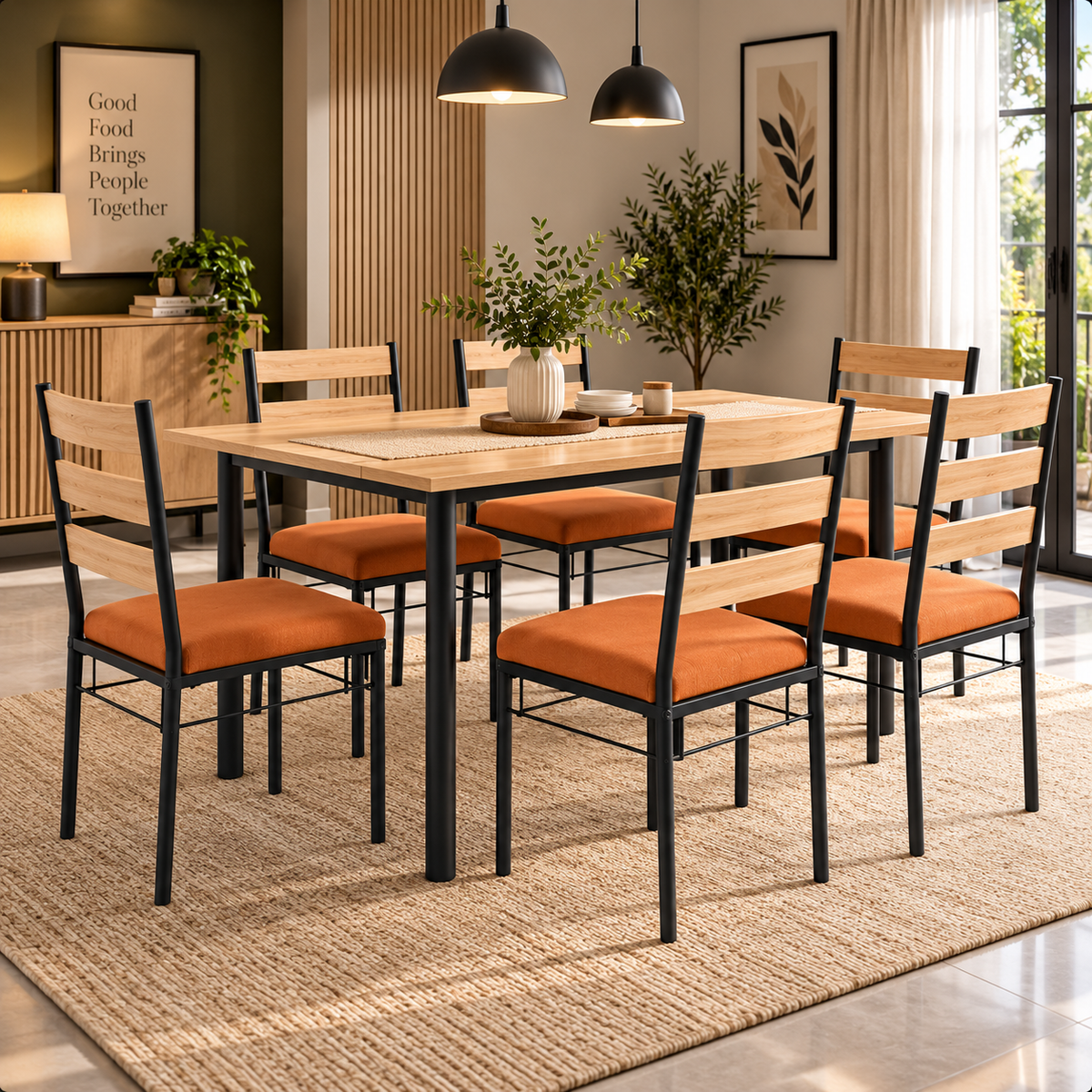 6 Seater Dining Table Set for Home | 60 × 36 Inch Wooden Finish Dining Table with 6 Orange Cushioned Chairs | Strong Black Metal Frame | Modern Dining Set for 6
