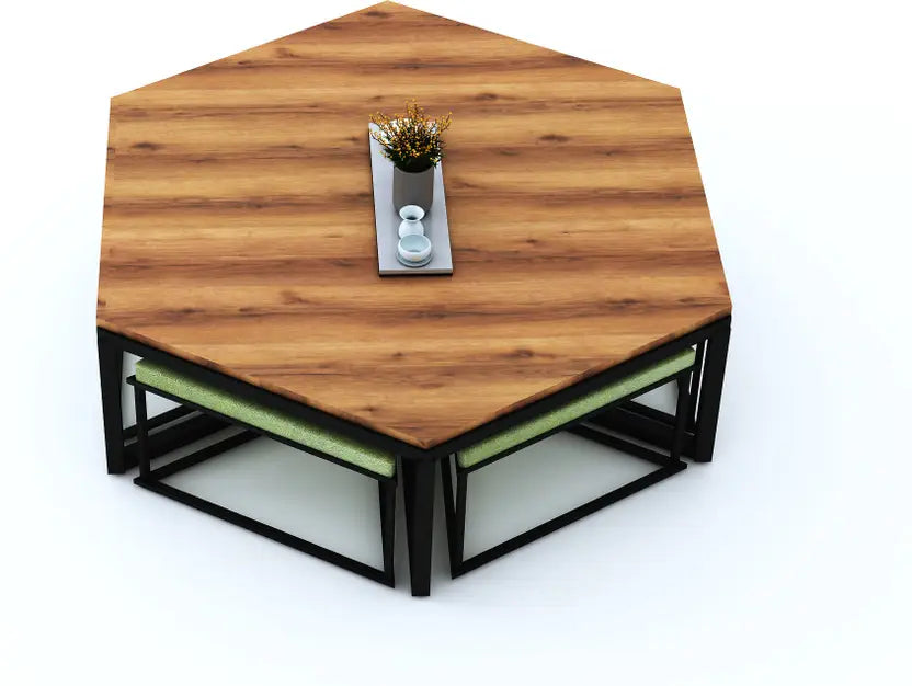 Hexagon Wooden And Metal Center Table Engineered Wood Coffee Table  (Finish Color - Teak Finish, Pre-assembled)