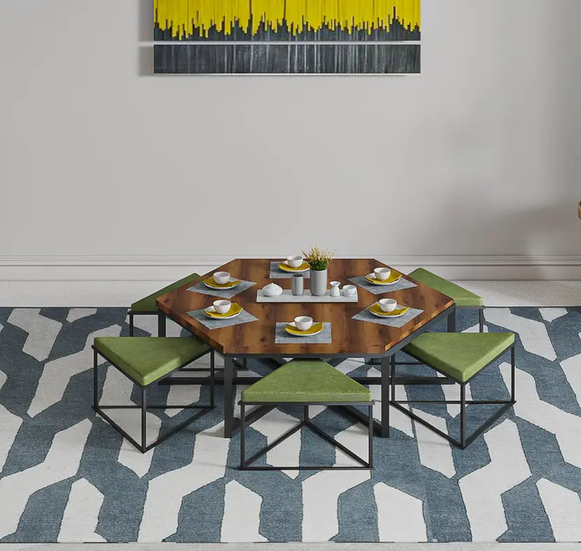Hexagon Wooden And Metal Center Table Engineered Wood Coffee Table  (Finish Color - Teak Finish, Pre-assembled)