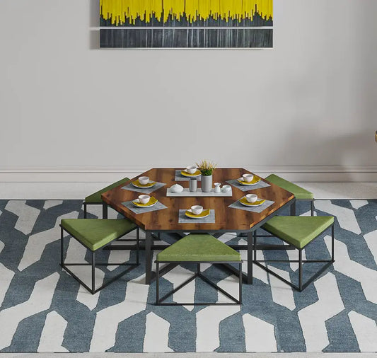 Hexagon Wooden And Metal Center Table Engineered Wood Coffee Table  (Finish Color - Teak Finish, Pre-assembled)