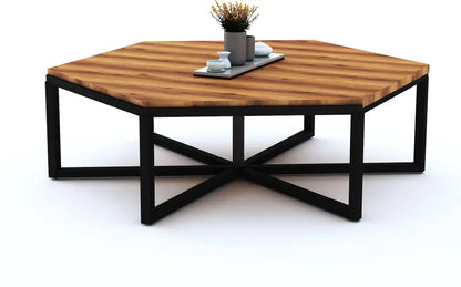 Hexagon Wooden And Metal Center Table Engineered Wood Coffee Table  (Finish Color - Teak Finish, Pre-assembled)