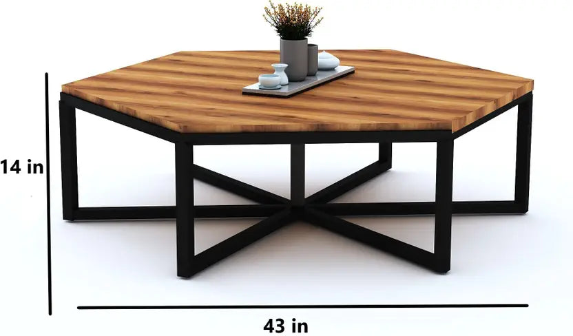 Hexagon Wooden And Metal Center Table Engineered Wood Coffee Table  (Finish Color - Teak Finish, Pre-assembled)