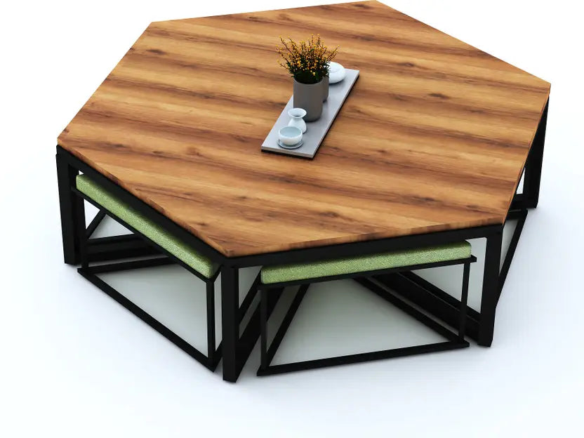 Hexagon Wooden And Metal Center Table Engineered Wood Coffee Table  (Finish Color - Teak Finish, Pre-assembled)