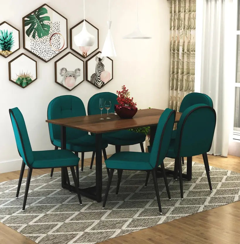 Indoor & Outdoor Dining Room and Living Room Set Metal 6 Seater Dining Set  (Finish Color -Brown, Finish And Teal Fabric, DIY(Do-It-Yourself))