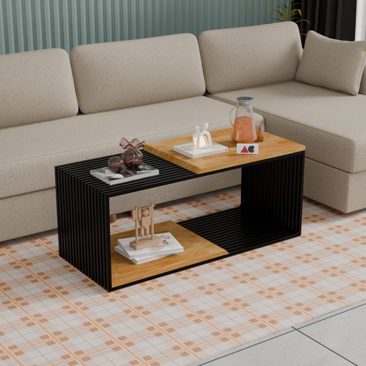 ANISHWAR Premium Rubberwood Coffee Table | Modern Metal Frame Center Table | 40×16×17 Inch