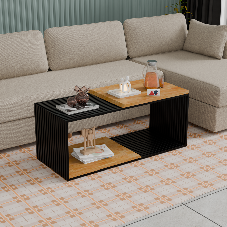ANISHWAR Premium Rubberwood Coffee Table | Modern Metal Frame Center Table | 40×16×17 Inch