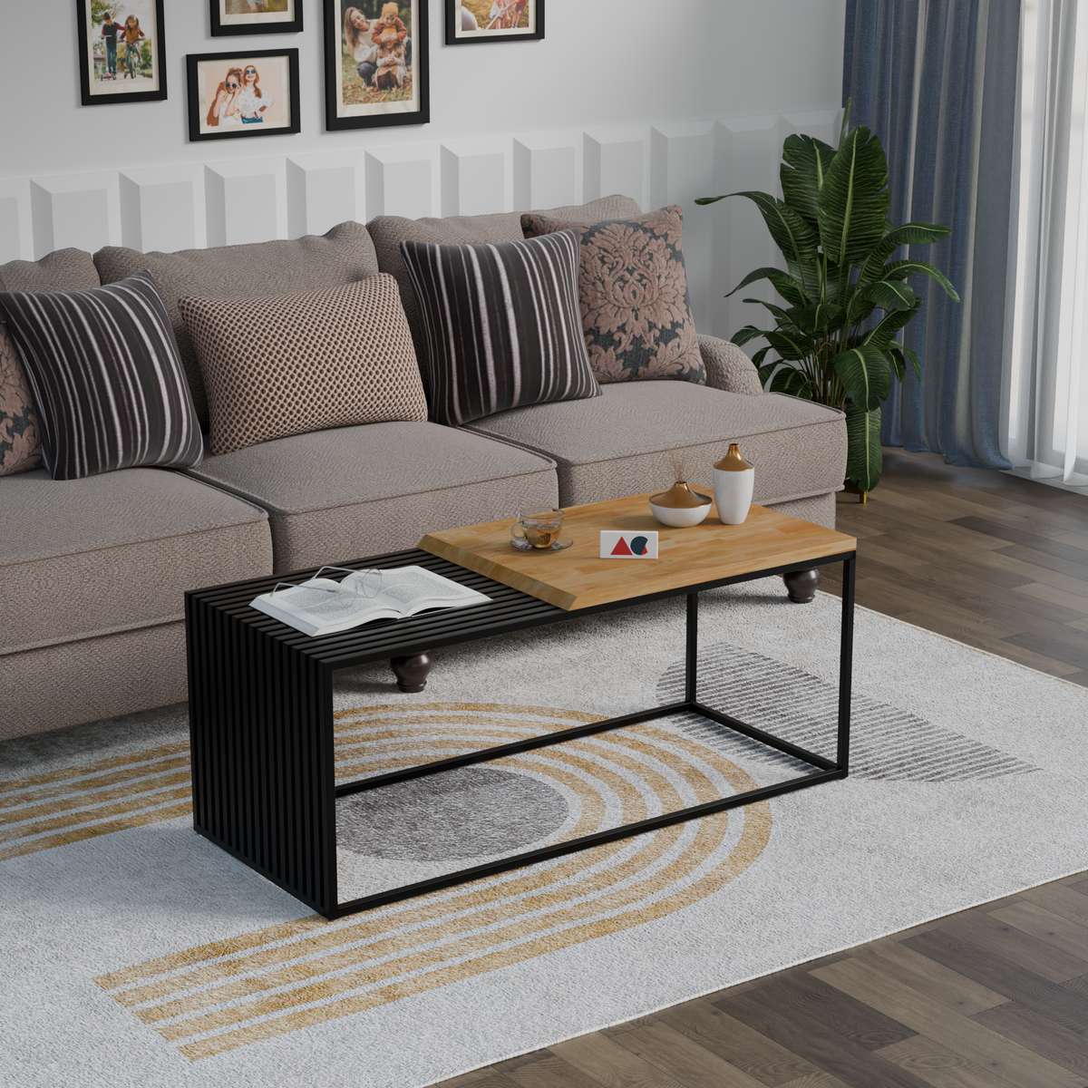 ANISHWAR Metal Coffee Table with Solid Rubberwood Top, Contemporary Style, Rectangular Shape, Black and Wood Finish, Heavy Duty Powder Coated Frame