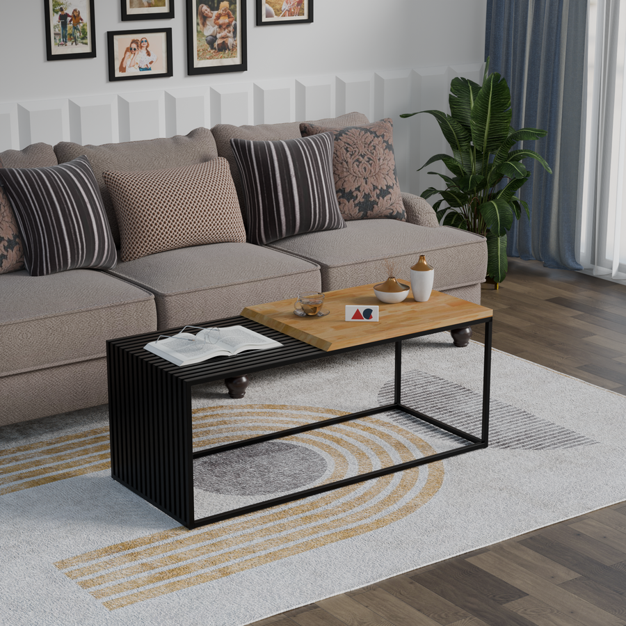 ANISHWAR Metal Coffee Table with Solid Rubberwood Top, Contemporary Style, Rectangular Shape, Black and Wood Finish, Heavy Duty Powder Coated Frame