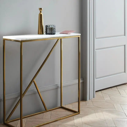 Engineered Wood Side Table for Living Room Hall Bedroom Office Metal Console Table  (Finish Color - Gold, Pre-assembled)