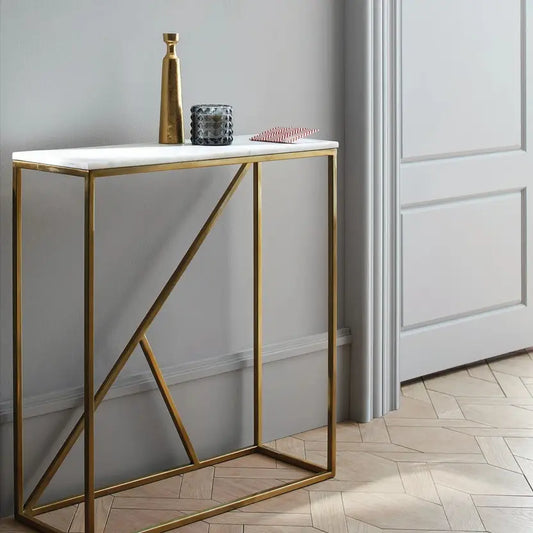 Engineered Wood Side Table for Living Room Hall Bedroom Office Metal Console Table  (Finish Color - Gold, Pre-assembled)