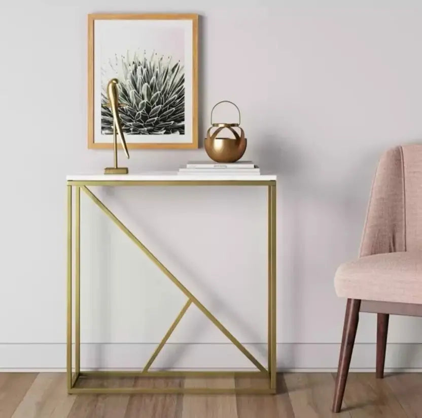 Engineered Wood Side Table for Living Room Hall Bedroom Office Metal Console Table  (Finish Color - Gold, Pre-assembled)