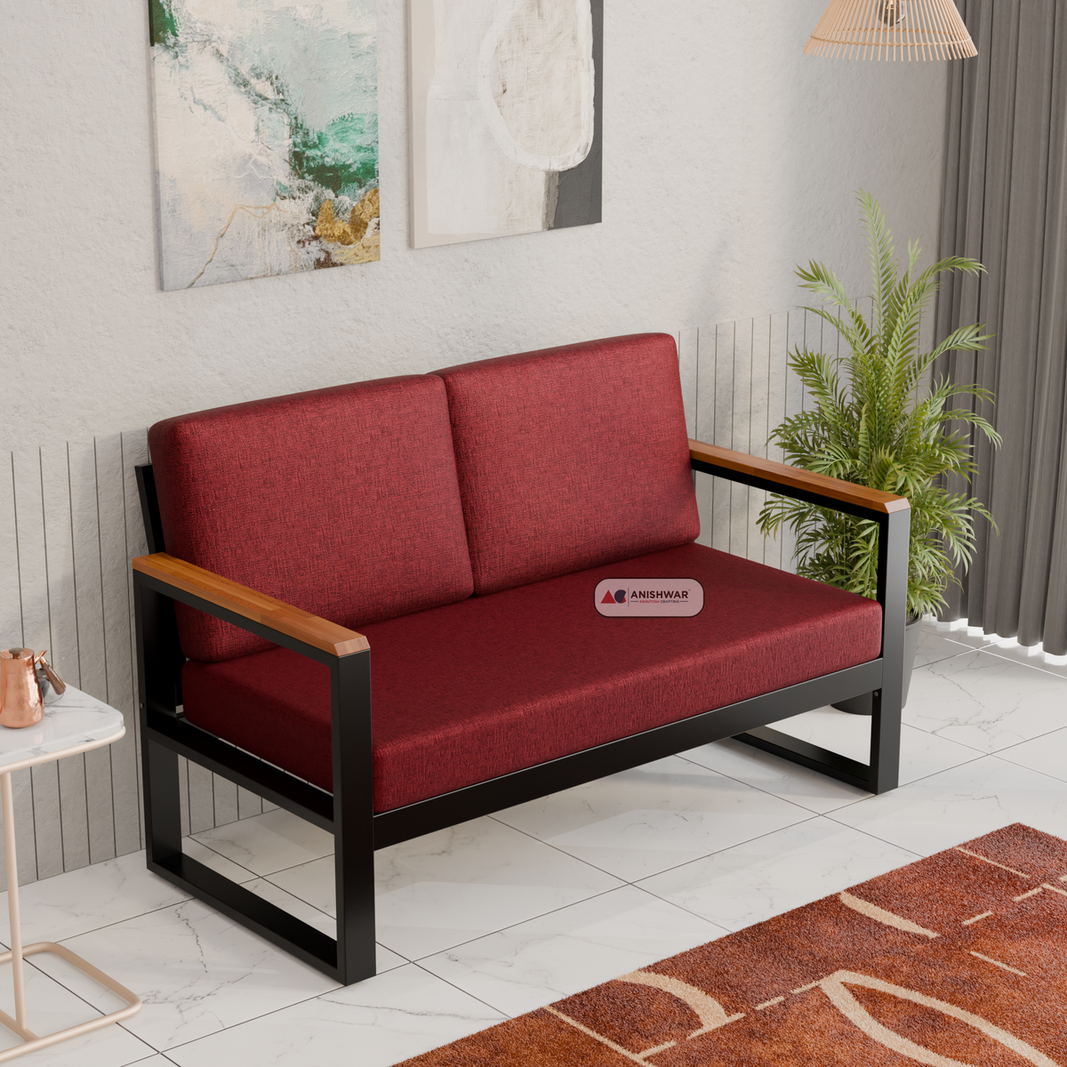 Metal Frame 2 Seater Sofa | Modern Fabric Sofa for Living Room | Wooden Sofa Alternative