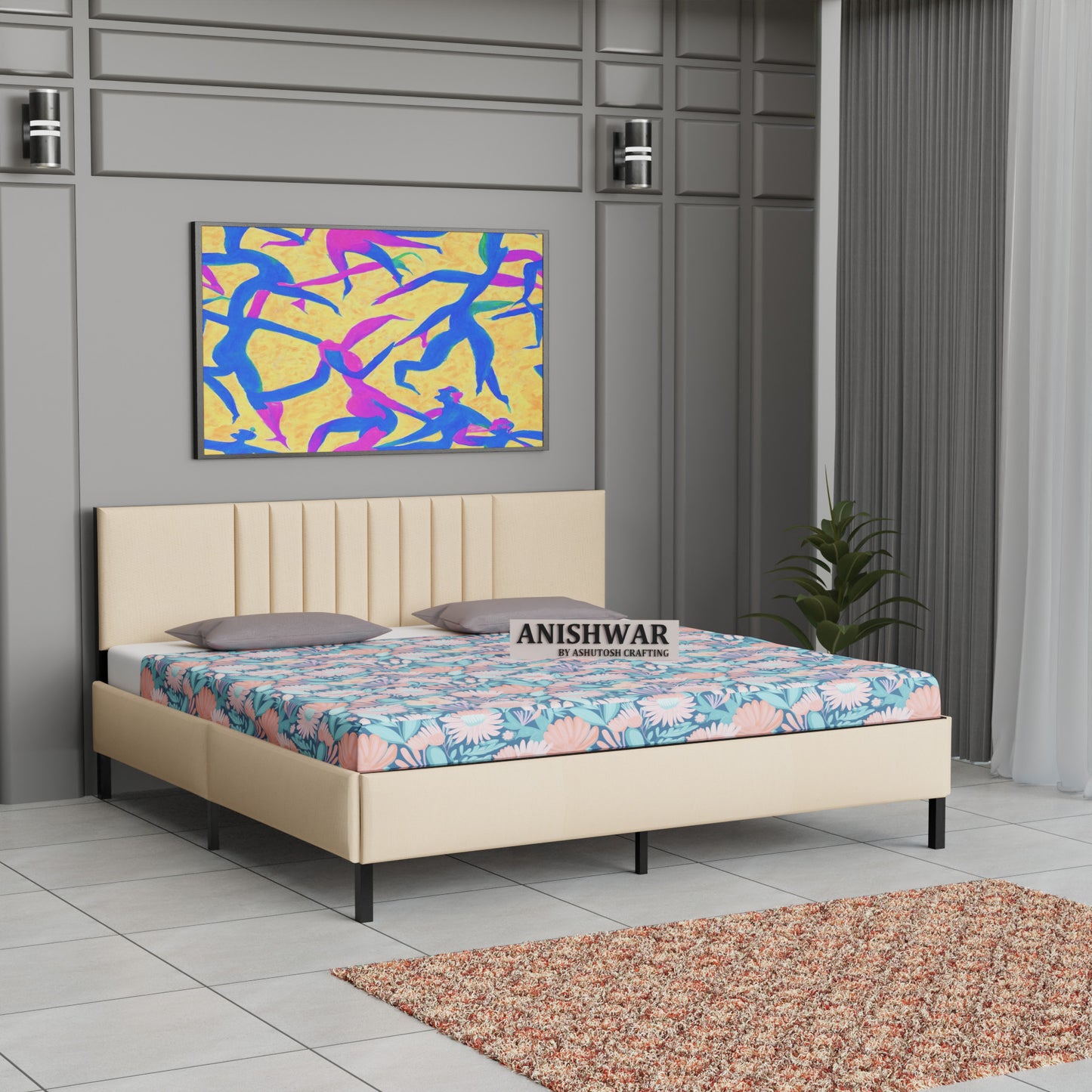 Upholstered & Metal King Bed for Bedroom Hotel Home Furniture