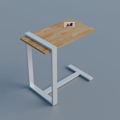 Rubber Wood Top Sofa Side C Table | Heavy Metal Frame Laptop Table for Bed