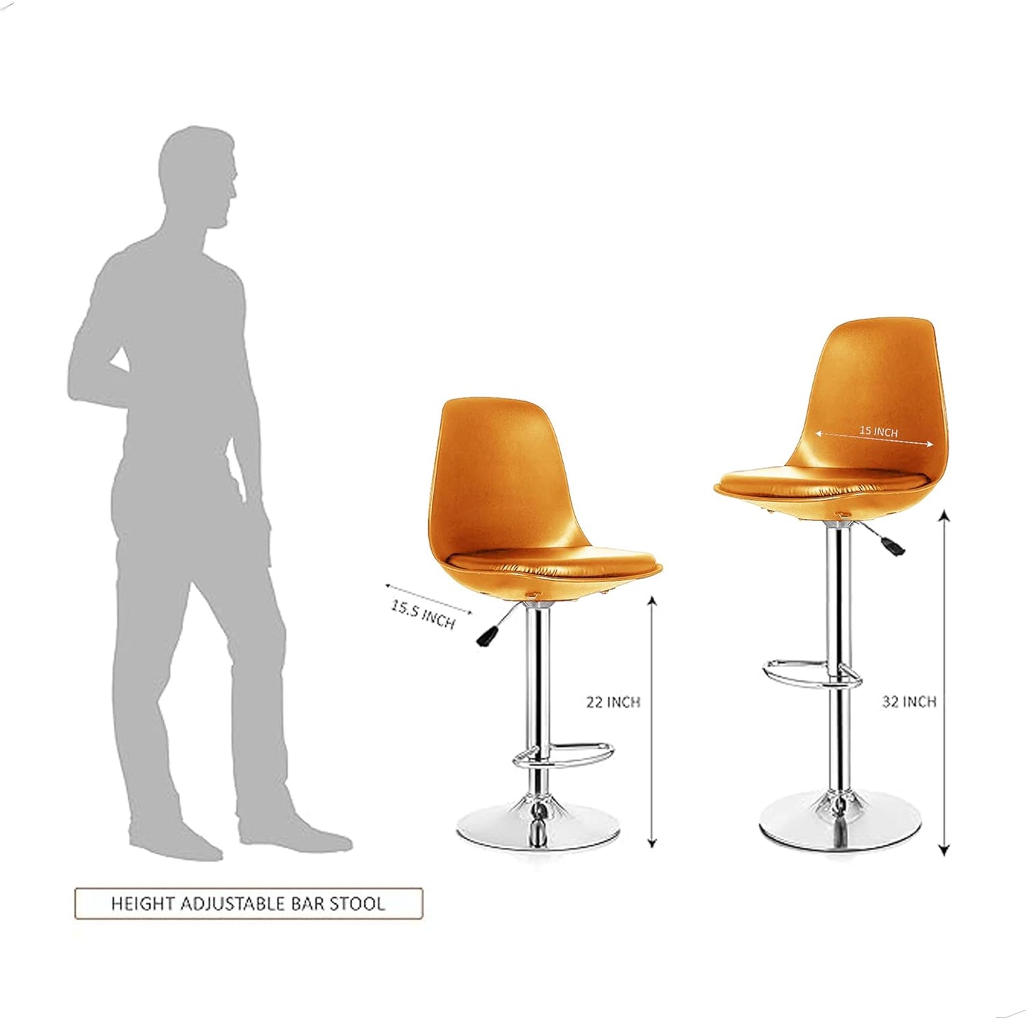 Revolving Height Adjustable 360 Degree Swivel Leatherette Seat Top High Metal Bar Chair with Footrest for Home Kitchen Outdoor Cafeteria Bar Stool for Dining Office (Orange)