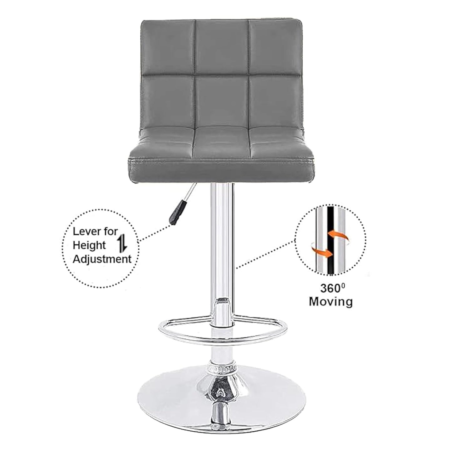 Revolving Height Adjustable 360 Degree Swivel Leatherette Rectangular Seat High Metal Bar Chair with Footrest for Home Kitchen Outdoor Cafeteria Bar Stool for Dining Office (Grey)