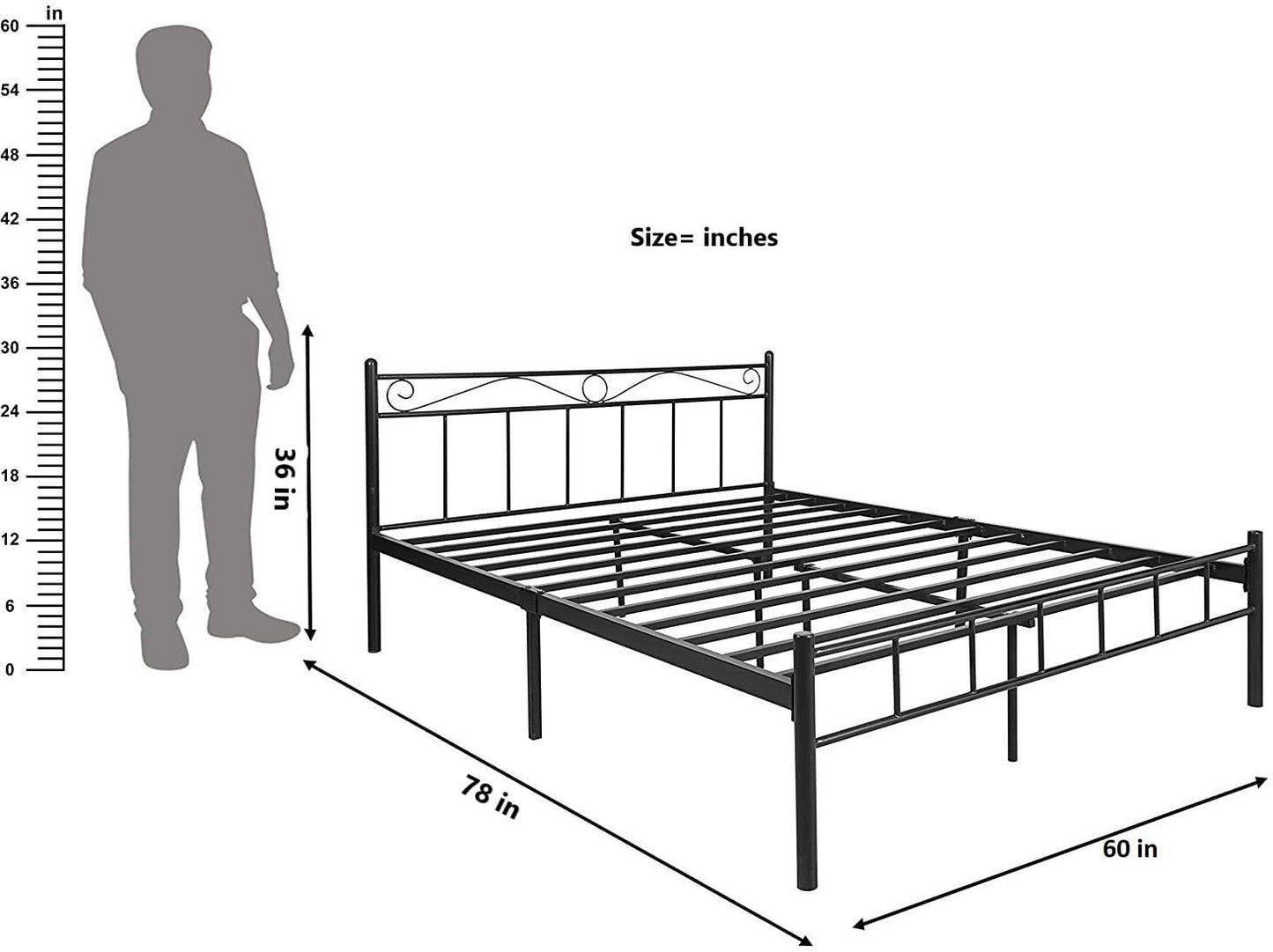 London Metal Queen Size Bed | Metal Double Bed with Headboard | Bed for Bedroom | Iron Black | DIY (Do It Yourself)