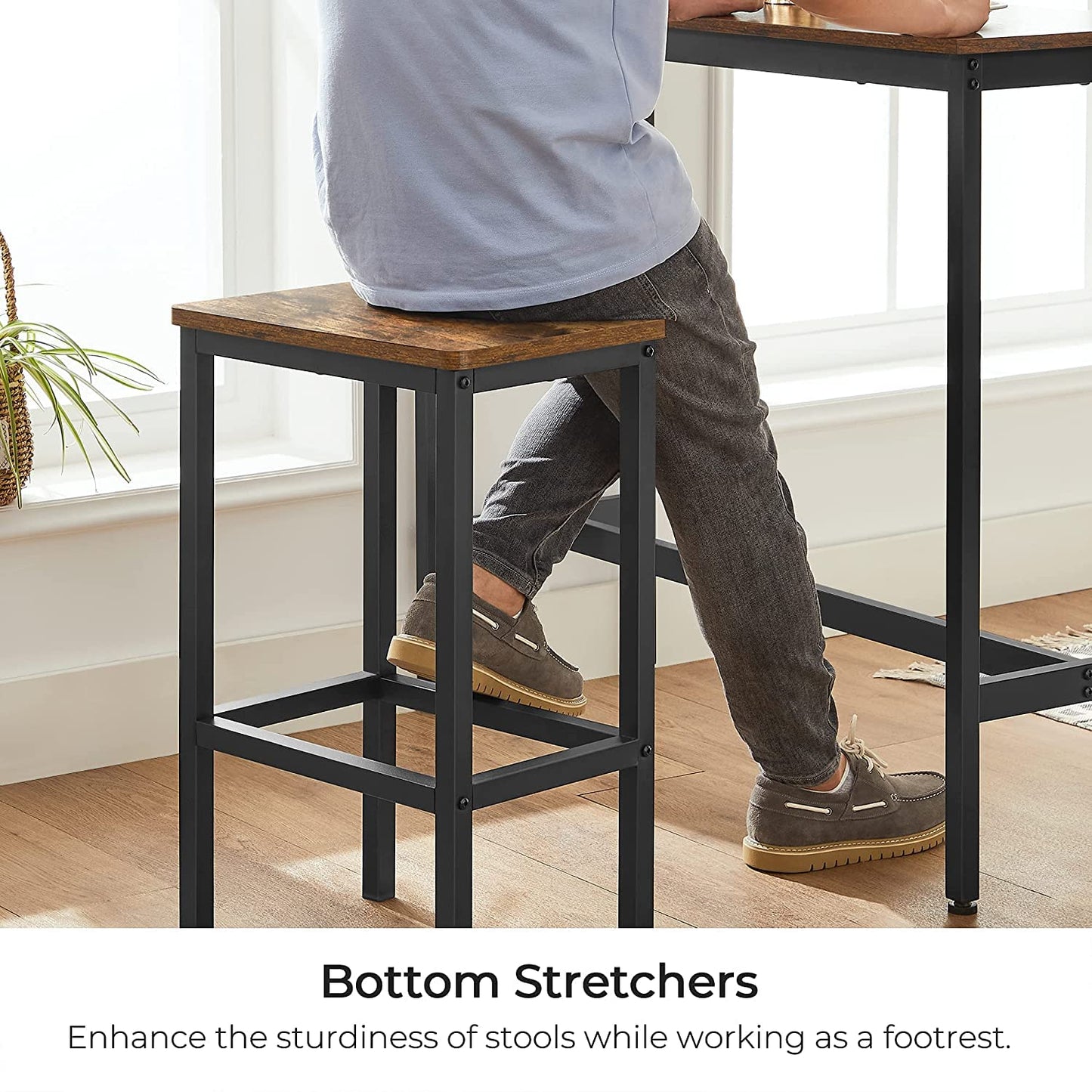 Engineered Wood & Metal Dining Table Set with 2 Stools for Bar | Wooden Table Chairs Kitchen Bar Height Table with Stools | Rustic Brown & Black