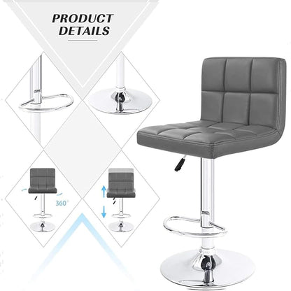 Revolving Height Adjustable 360 Degree Swivel Leatherette Rectangular Seat High Metal Bar Chair with Footrest for Home Kitchen Outdoor Cafeteria Bar Stool for Dining Office (Grey)