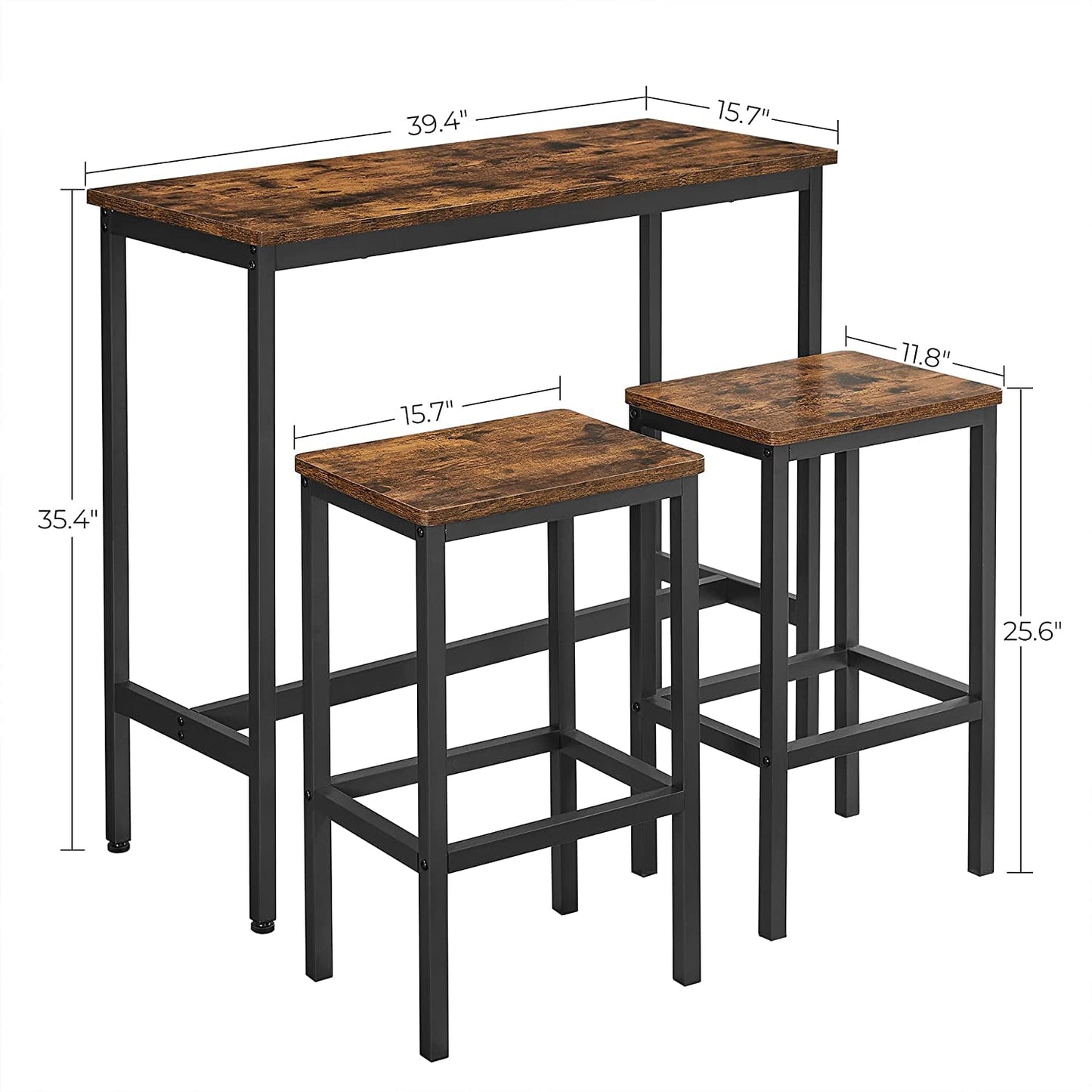 Engineered Wood & Metal Dining Table Set with 2 Stools for Bar | Wooden Table Chairs Kitchen Bar Height Table with Stools | Rustic Brown & Black