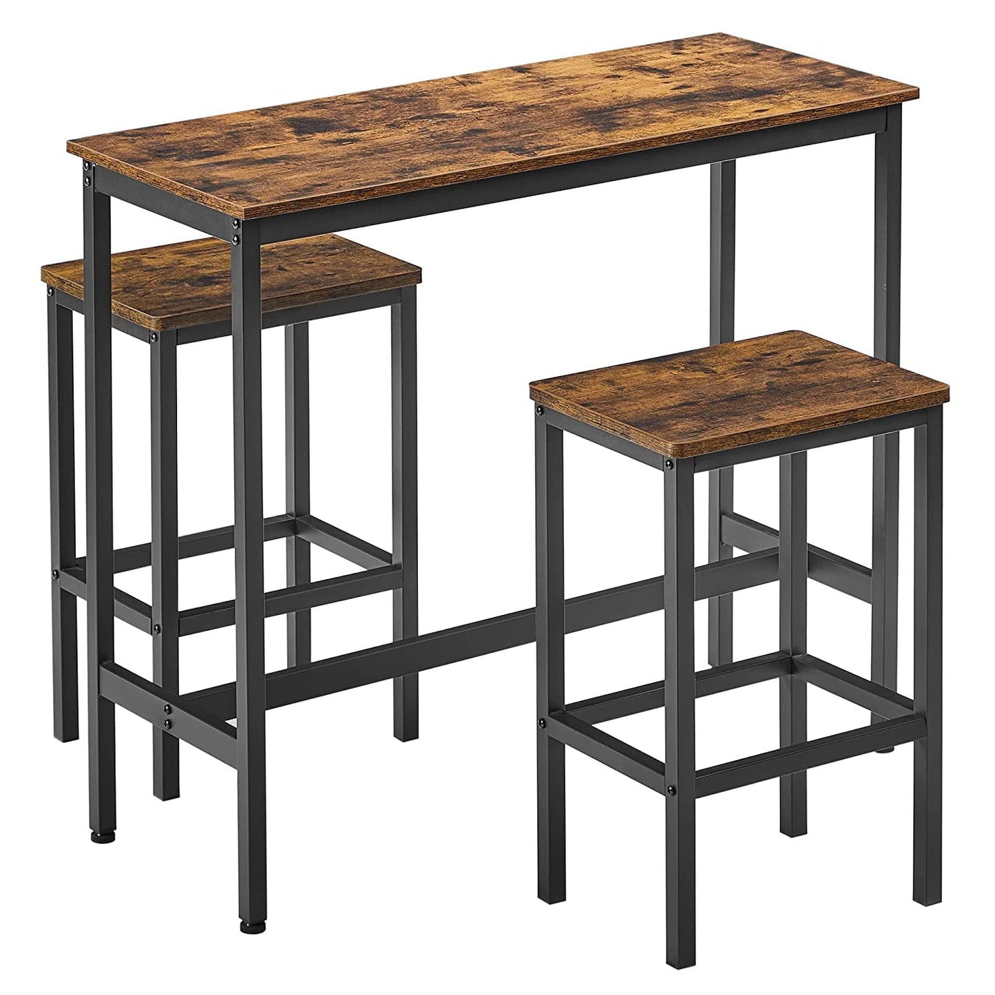 Engineered Wood & Metal Dining Table Set with 2 Stools for Bar | Wooden Table Chairs Kitchen Bar Height Table with Stools | Rustic Brown & Black