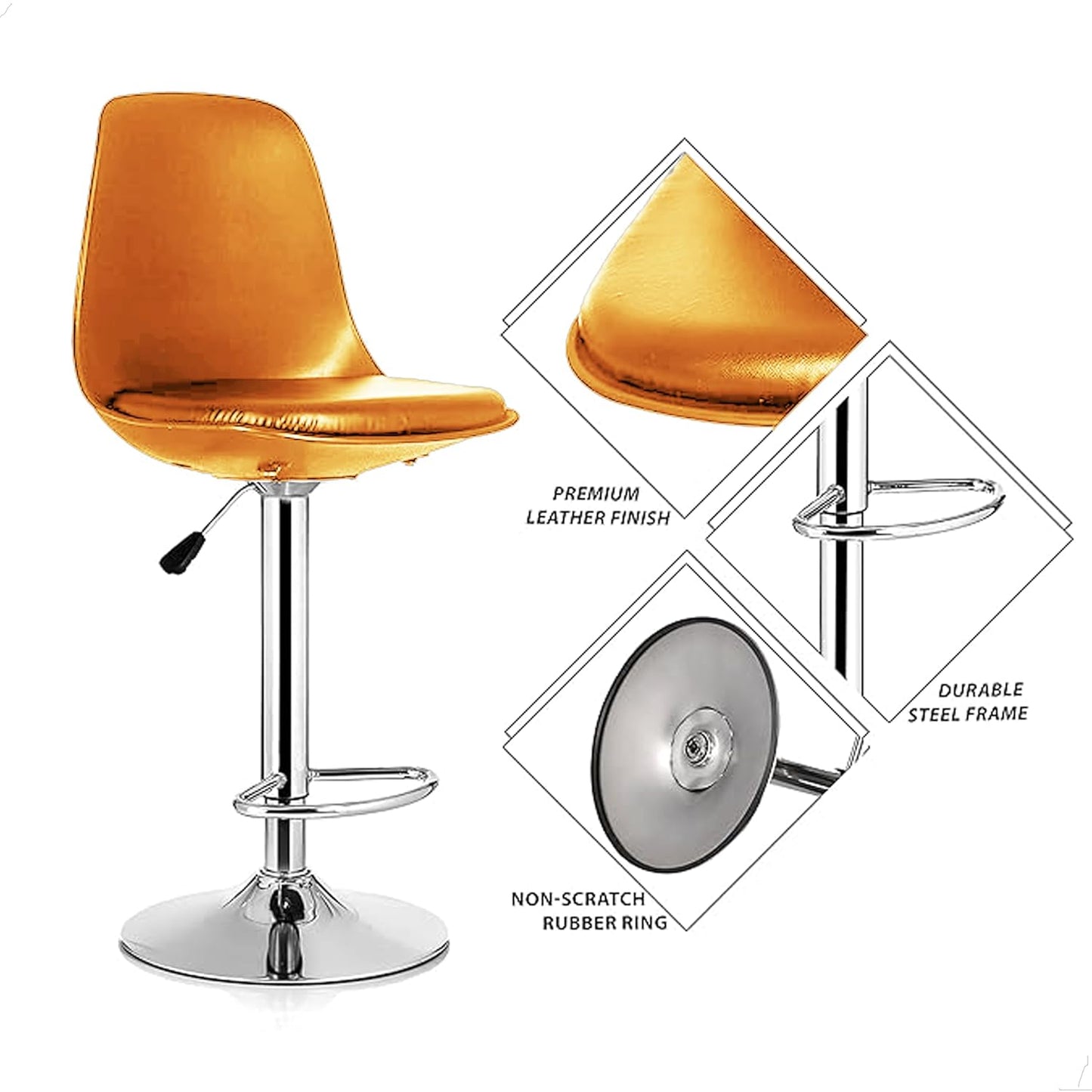 Revolving Height Adjustable 360 Degree Swivel Leatherette Seat Top High Metal Bar Chair with Footrest for Home Kitchen Outdoor Cafeteria Bar Stool for Dining Office (Orange)