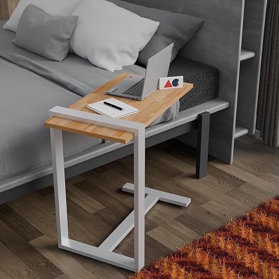 Rubber Wood Top Sofa Side C Table | Heavy Metal Frame Laptop Table for Bed