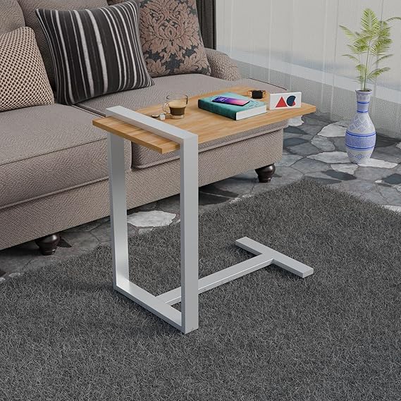Rubber Wood Top Sofa Side C Table | Heavy Metal Frame Laptop Table for Bed