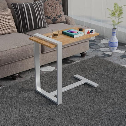 Rubber Wood Top Sofa Side C Table | Heavy Metal Frame Laptop Table for Bed