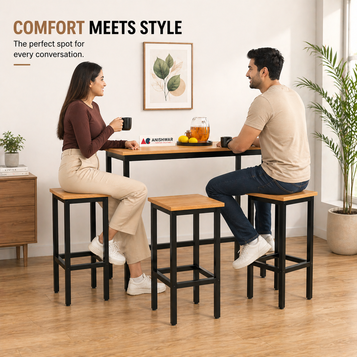 3 Piece Bar Table Set with 2 Stools, 40 x 16 Inch Counter Height Table, Wooden Finish MDF Tabletop with Black Metal Frame, Modern Breakfast Table Set for Kitchen, Dining Room & Small Spaces