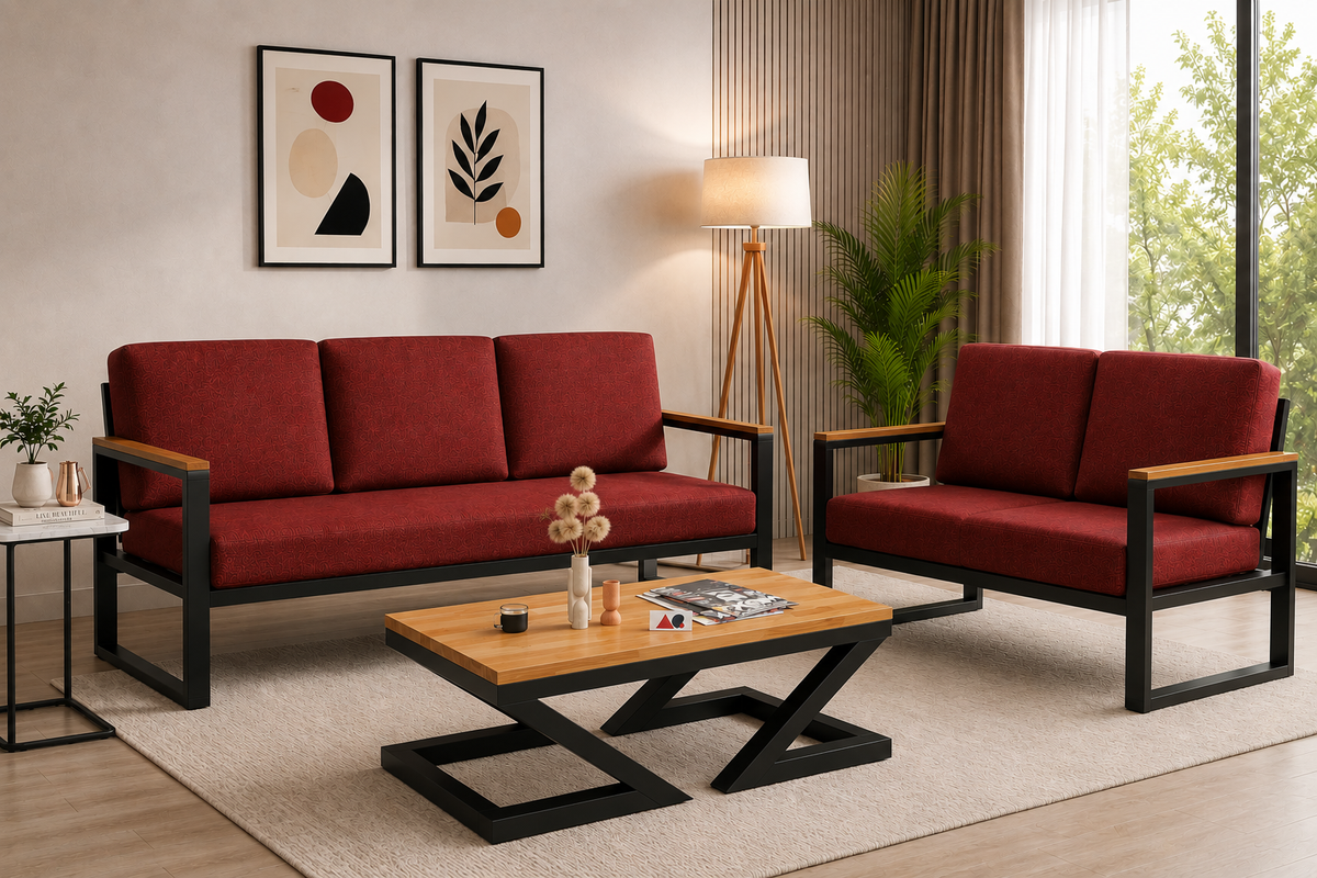 ANISHWAR 5 Seater Sofa Set (3+2) with Coffee Table | Metal Frame Upholstered Living Room Set