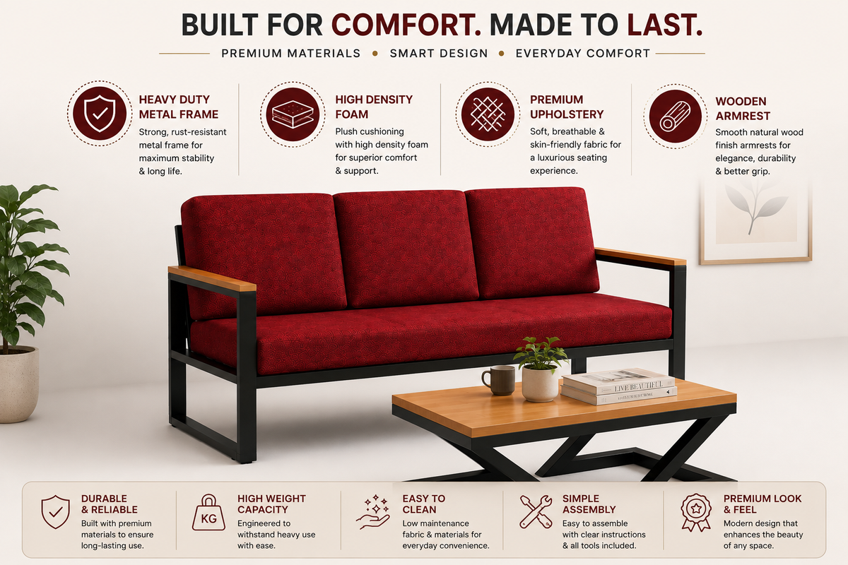 ANISHWAR 3 Seater Metal Frame Sofa – Premium Upholstered Sofa