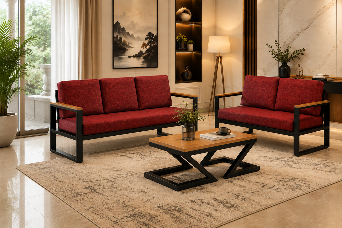 ANISHWAR 5 Seater Sofa Set (3+2) with Coffee Table | Metal Frame Upholstered Living Room Set