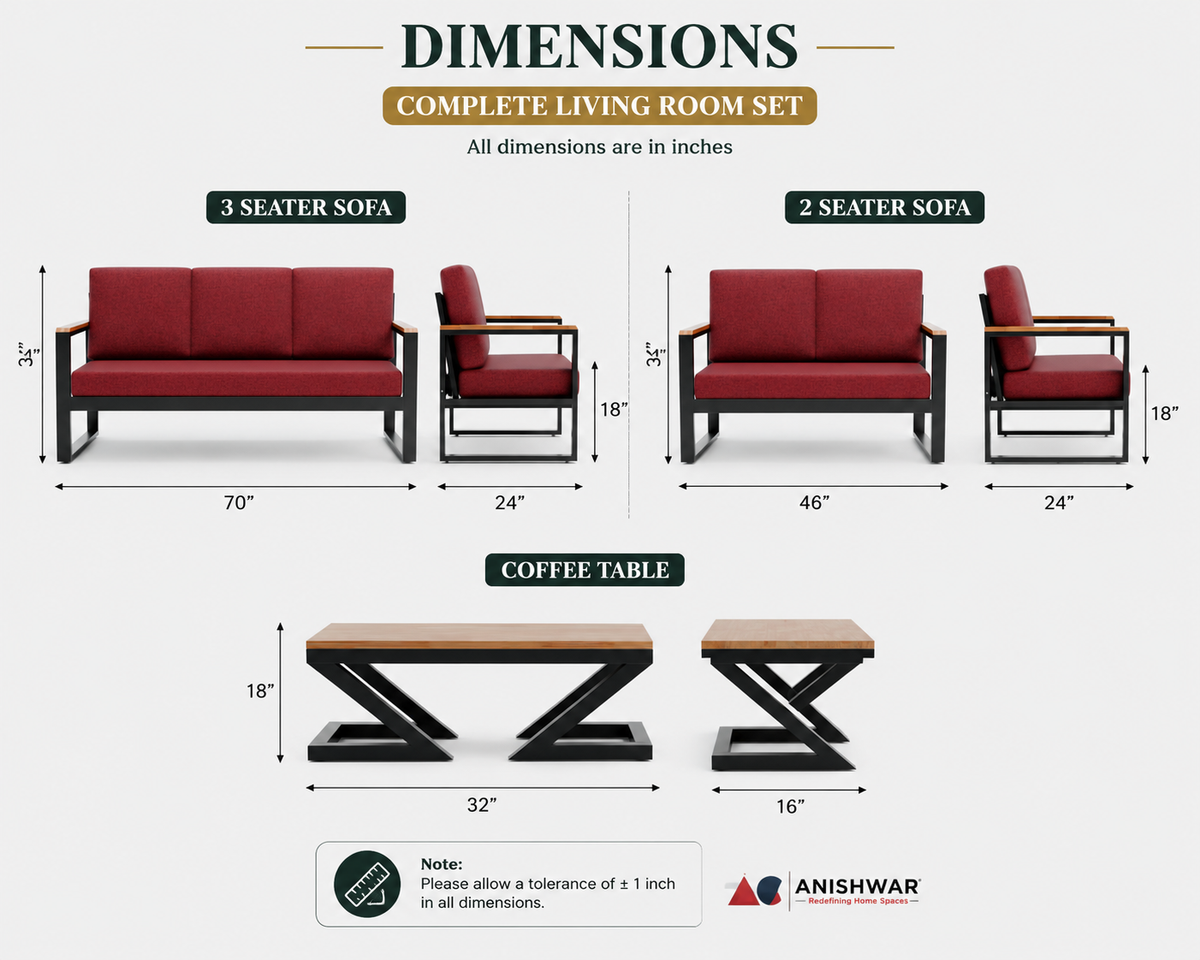ANISHWAR 5 Seater Sofa Set (3+2) with Coffee Table | Metal Frame Upholstered Living Room Set