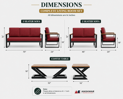 ANISHWAR 5 Seater Sofa Set (3+2) with Coffee Table | Metal Frame Upholstered Living Room Set