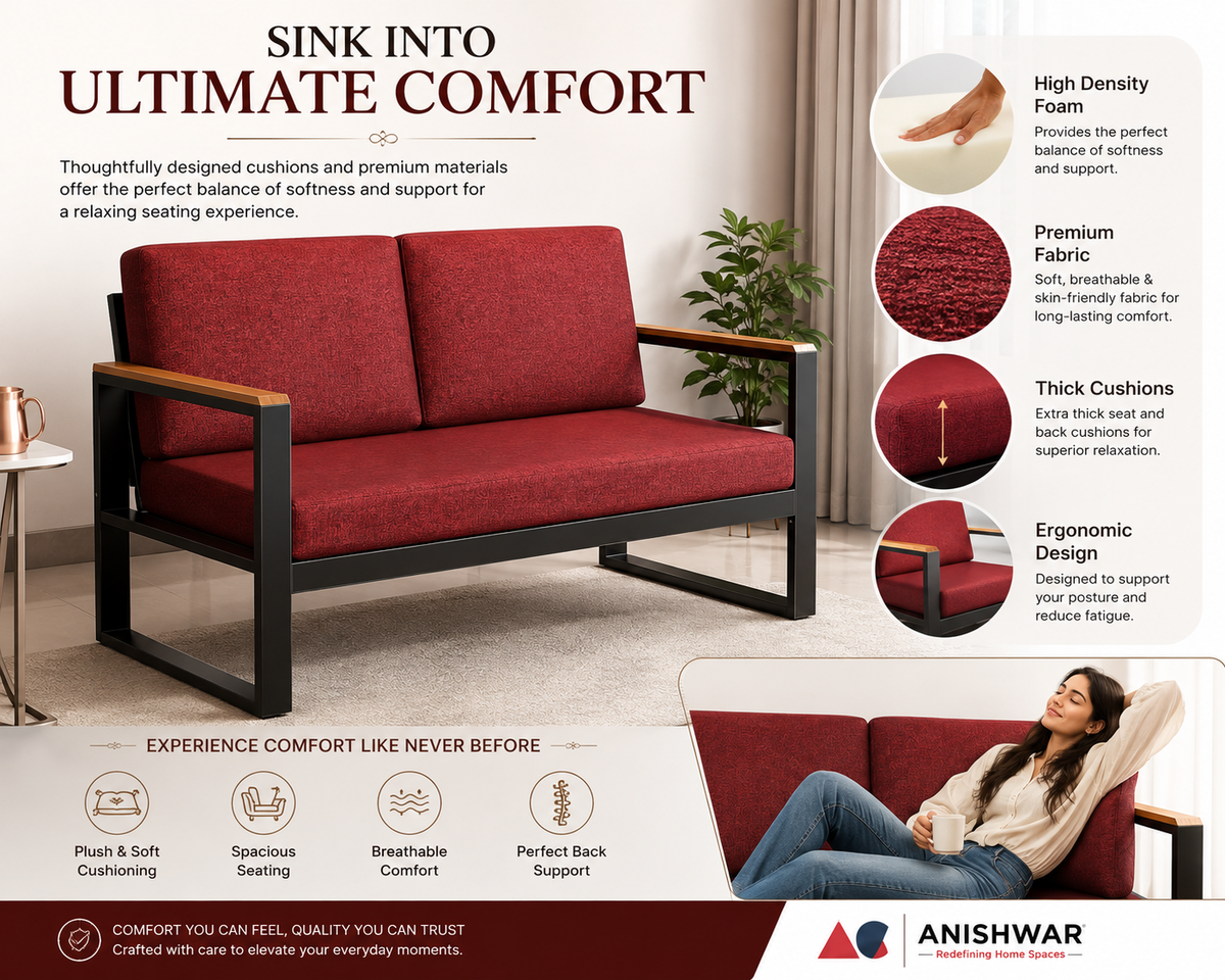 ANISHWAR 5 Seater Sofa Set (3+2) with Coffee Table | Metal Frame Upholstered Living Room Set