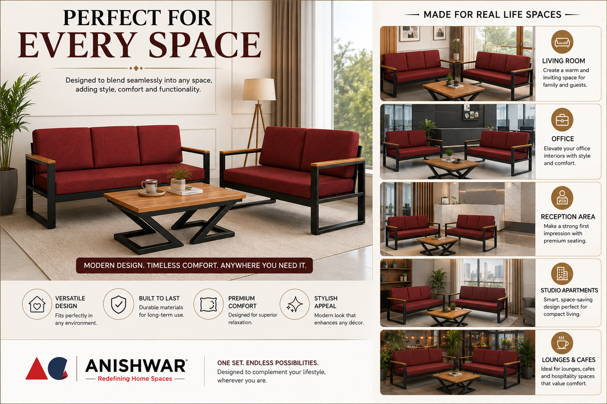 ANISHWAR 5 Seater Sofa Set (3+2) with Coffee Table | Metal Frame Upholstered Living Room Set