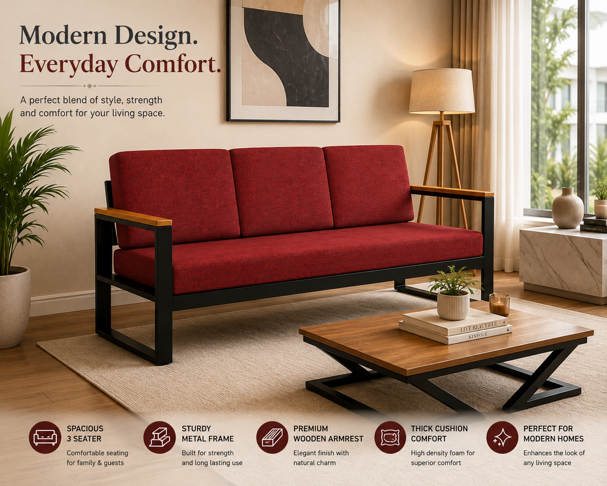 ANISHWAR 5 Seater Sofa Set (3+2) with Coffee Table | Metal Frame Upholstered Living Room Set