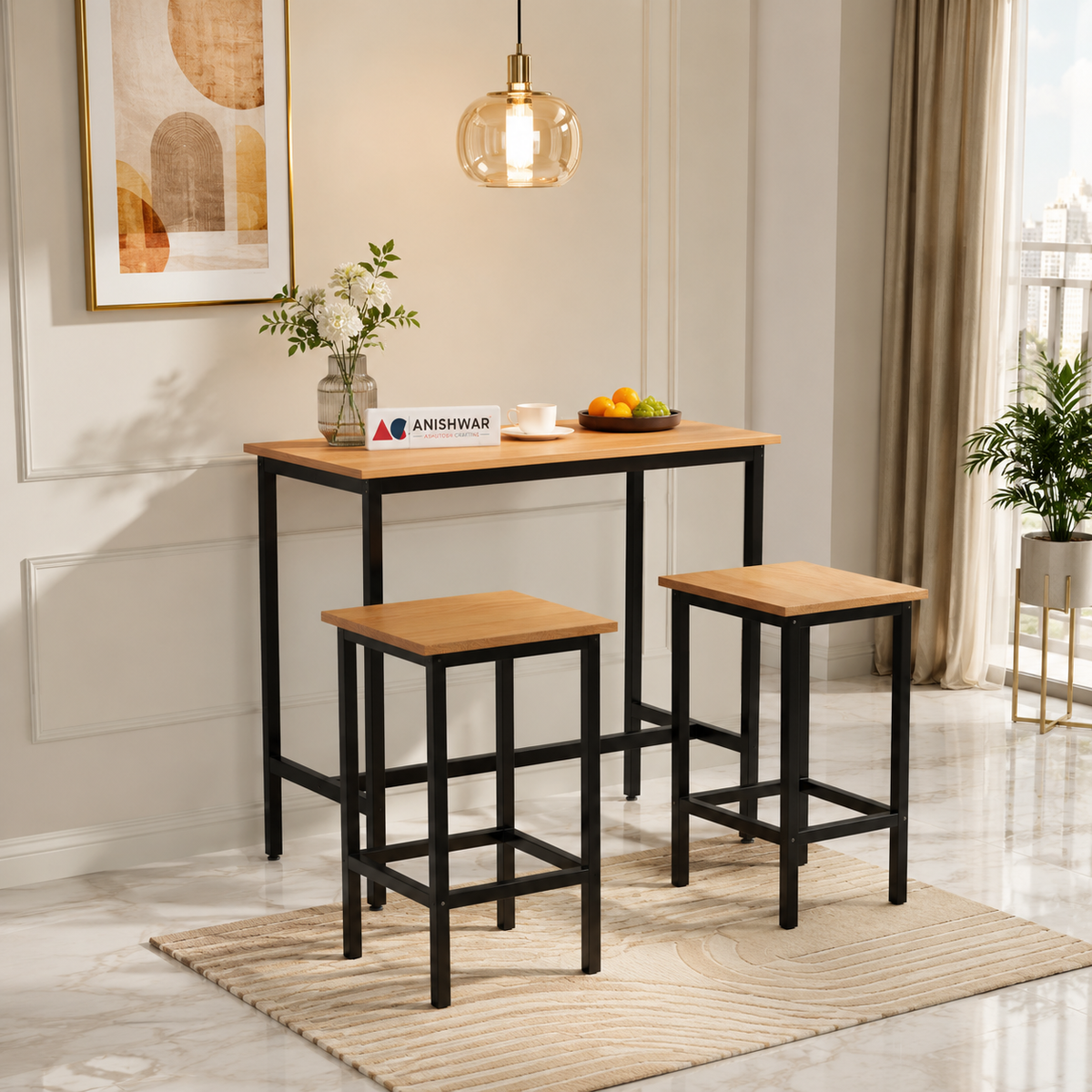3 Piece Bar Table Set with 2 Stools, 40 x 16 Inch Counter Height Table, Wooden Finish MDF Tabletop with Black Metal Frame, Modern Breakfast Table Set for Kitchen, Dining Room & Small Spaces
