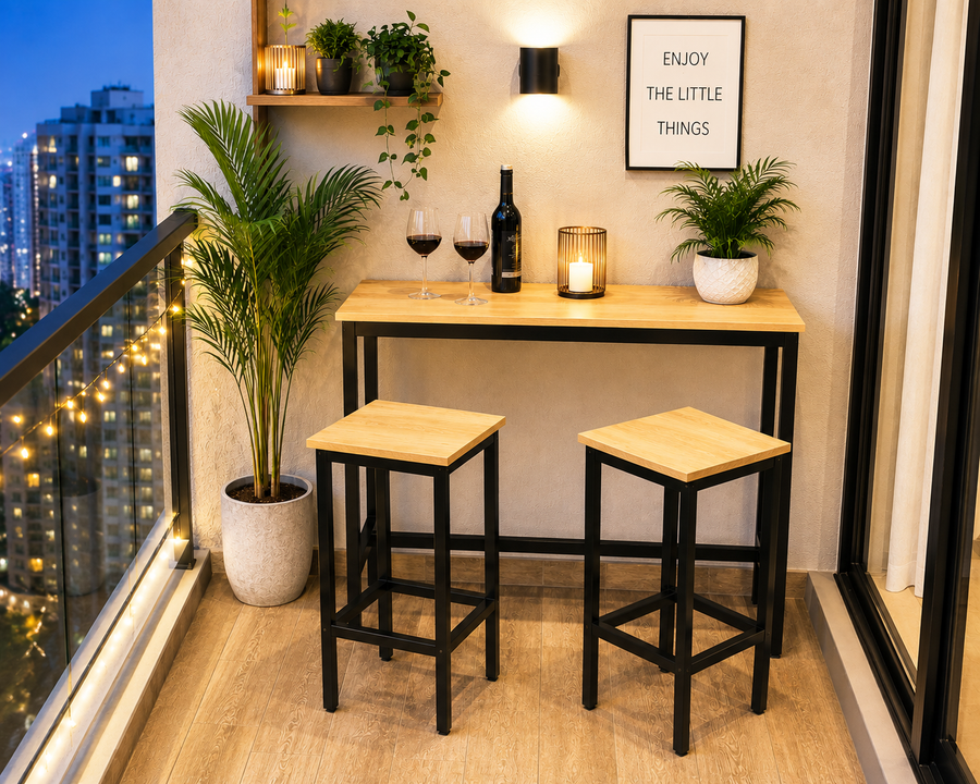 3 Piece Bar Table Set with 2 Stools, 40 x 16 Inch Counter Height Table, Wooden Finish MDF Tabletop with Black Metal Frame, Modern Breakfast Table Set for Kitchen, Dining Room & Small Spaces