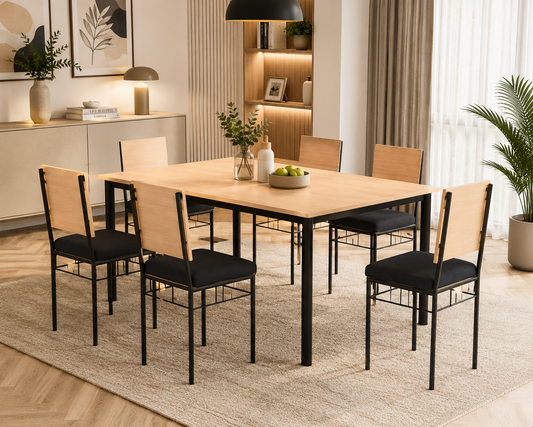 6 Seater Dining Table Set for 6 | Modern Dining Table with 6 Cushioned Chairs | Wooden Finish Top with Strong Metal Frame | 60 × 30 Inch Dining Table | Dining Set for Home