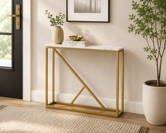 Engineered Wood Side Table for Living Room Hall Bedroom Office Metal Console Table  (Finish Color - Gold, Pre-assembled)