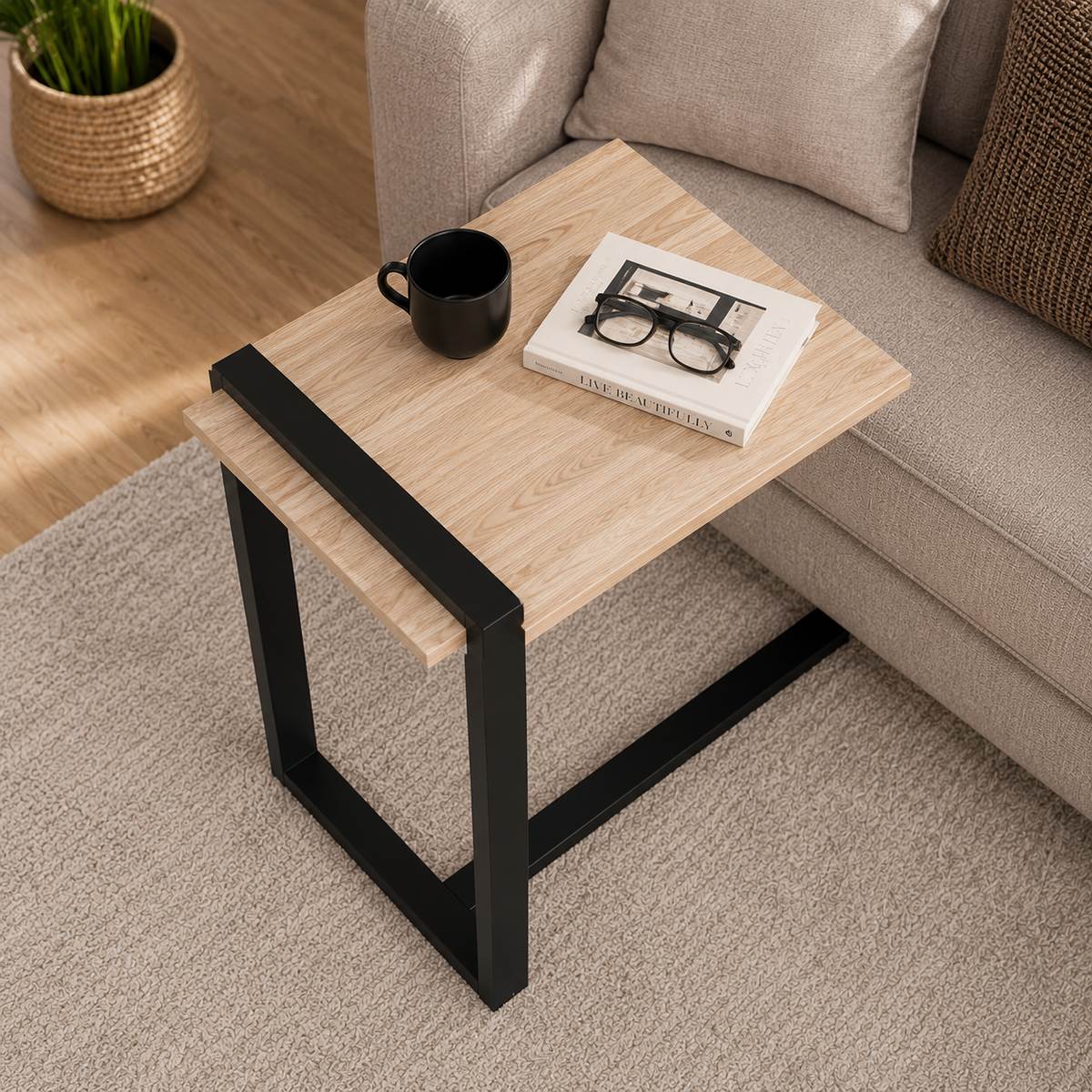 Premium Rubber Wood C Table for Sofa | Metal Frame Side Table for Living Room